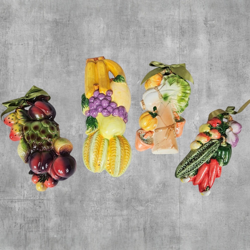 Vintage Ceramic Fruit Vegetable Hanging Wall Decor Set of 4 Farmhouse Kitchen